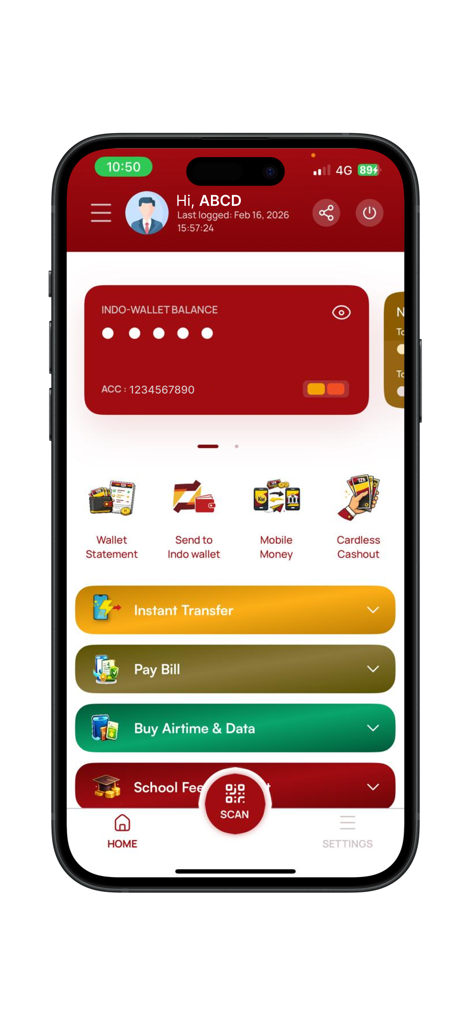 Indo Wallet - Home screen of the Indo Wallet app featuring account balance and financial service icons like mobile money and bill pay.