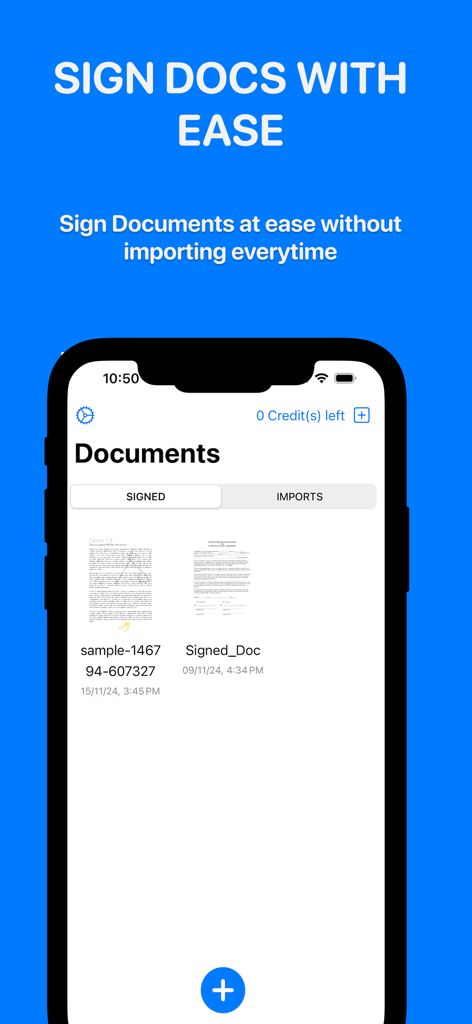 Sign Now: Scan & Sign PDF - Interface of the Sign Now mobile app displaying a list of signed and imported PDF documents on an iPhone screen