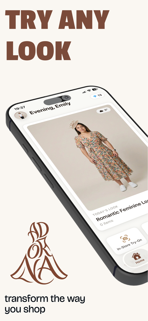 Adorna - Interfaz de la aplicación Adorna que muestra una prueba virtual de un vestido floral en un avatar de usuario con el encabezado Pruébate Cualquier Look.