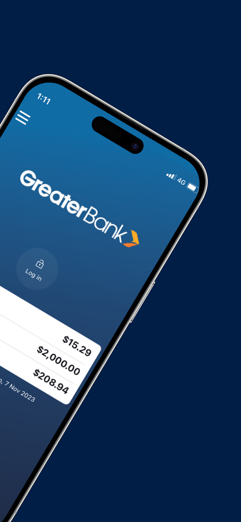 Greater Bank - Greater Bank mobile banking app login screen displaying account balances on an iPhone