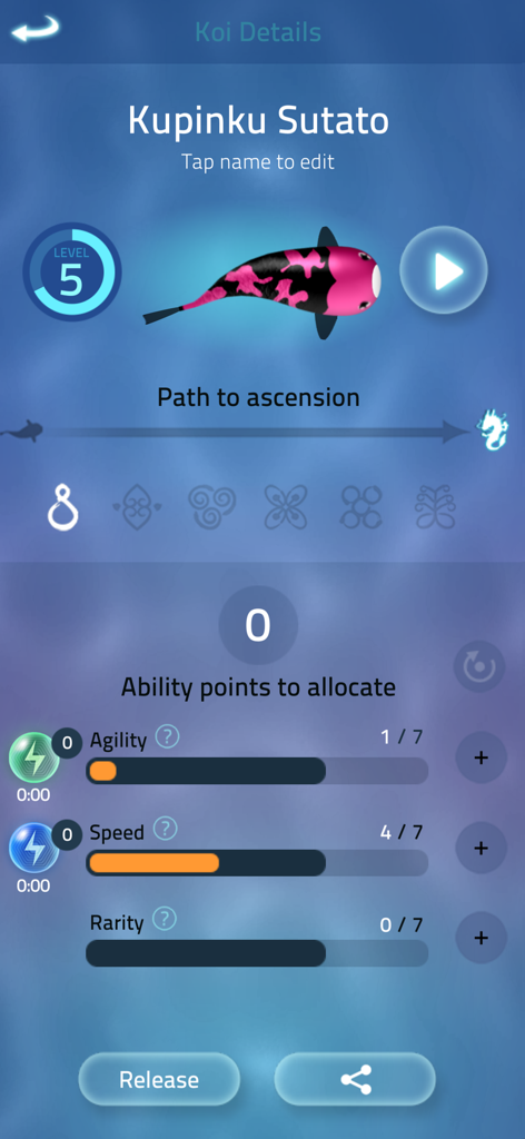 Tela do aplicativo Zen Koi Pro exibindo estatísticas e nível para um peixe carpa rosa e preto