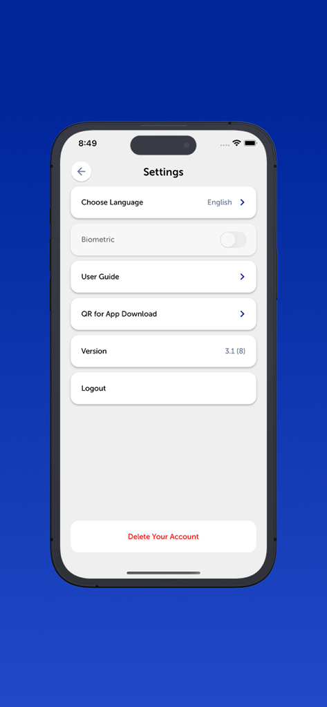 heal by Pun Hlaing - Pun Hlaingのhealアプリの設定メニュー。言語選択やアカウント管理オプションが表示されています。