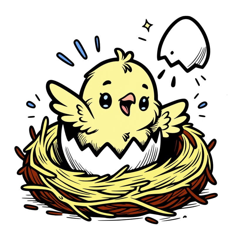 a baby chick hatching from an egg in a nest