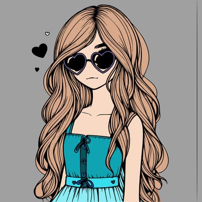 realistic girl valentine vibes long hair and cute clothes with heart sun glasses one girl