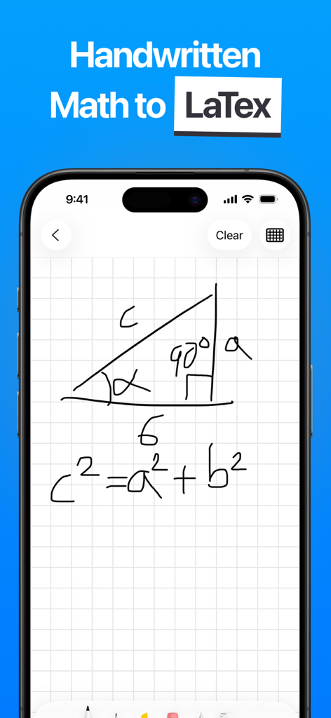 Flashtex: Study Flashcards - iPhone-Bildschirm, der ein handgeschriebenes Mathe-Dreieck und die Formel des Satzes des Pythagoras zeigt, die in der Flashtex-App in LaTeX umgewandelt wird.