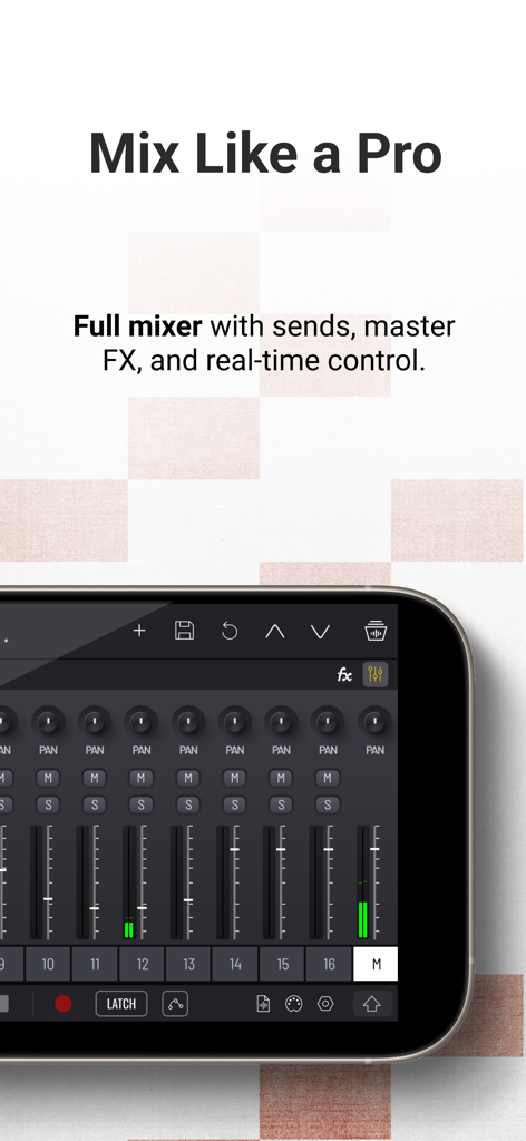 BAM - Beat Maker & Music Maker - A professional music mixer interface in the BAM app showing volume faders and channel controls.
