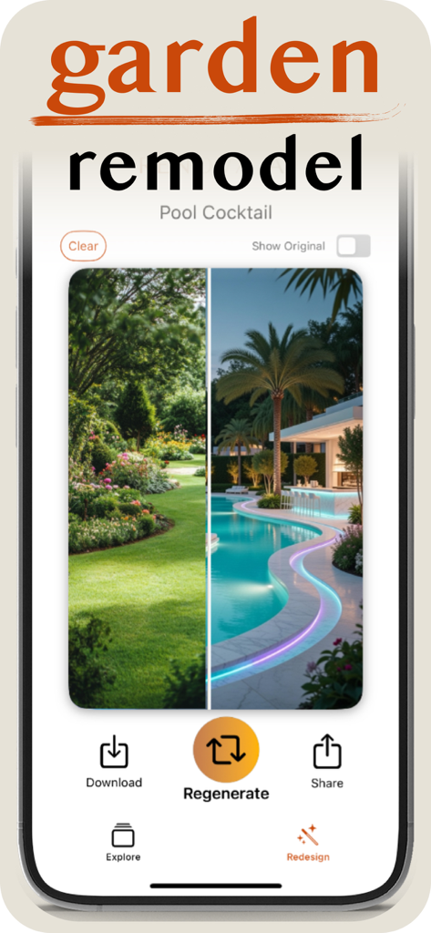 Home Design AI: Renova AI - Before and after comparison of a garden remodel using AI showing a transformation from a lawn to a modern pool area