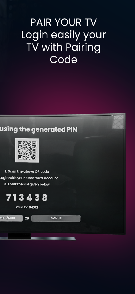 StreamNxt app pairing screen on a television with a numeric login PIN and QR code
