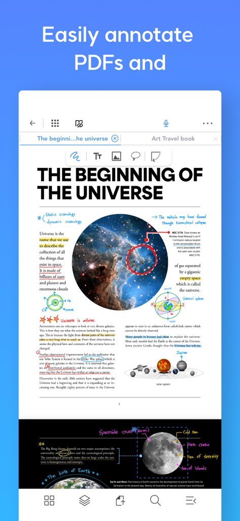 Flexcil Note & Good PDF Reader - Un documento PDF científico siendo anotado con notas escritas a mano, resaltados y diagramas en la aplicación Flexcil.