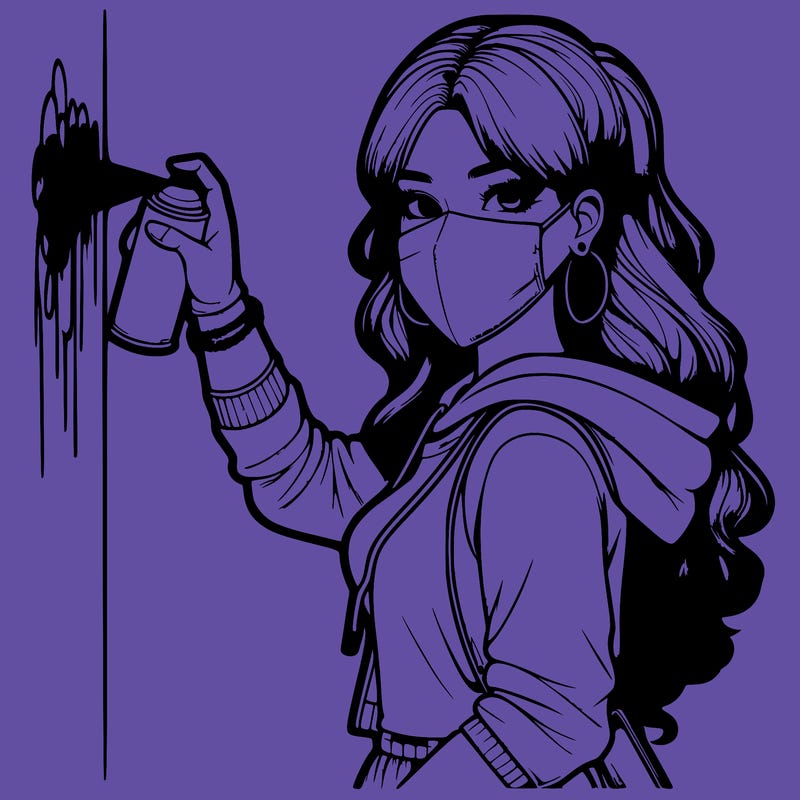 realistic girl with mask spray painting a wall