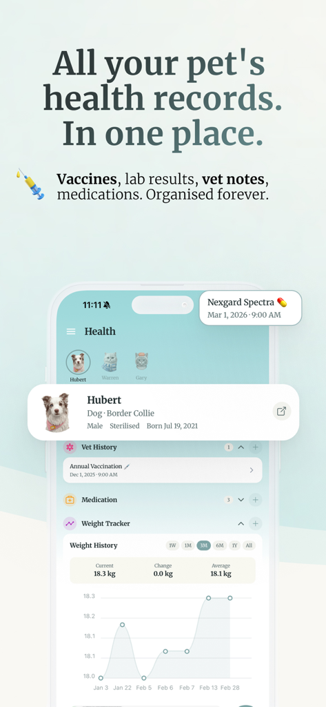 Hubert: Pet Health Tracker - A mobile interface of the Hubert app showing a dog weight tracking graph and medical history dashboard.