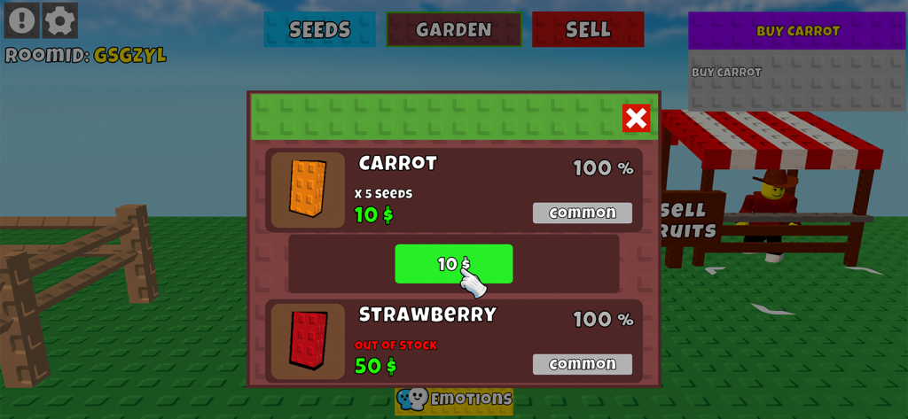 Grow a Garden : Master Game - Menú de la tienda del juego en Grow a Garden Master Game mostrando semillas de zanahoria y fresa para comprar.