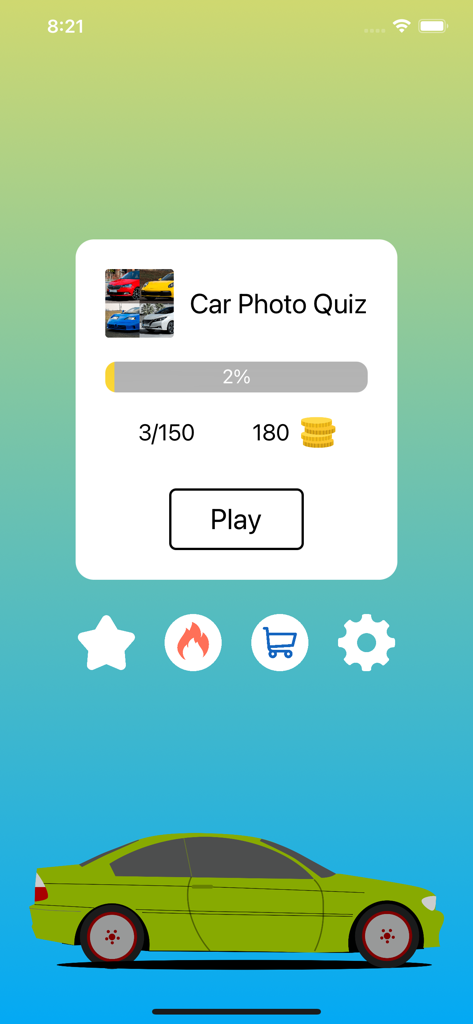 El menú principal de la aplicación Quiz de Coches mostrando el progreso del juego y un botón de reproducción.