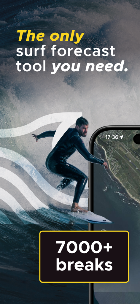 Surf-Forecast.com - A surfer riding a large wave next to a mobile phone displaying a coastal map with the text 7000 plus breaks.