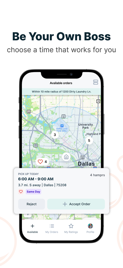 Interface of the washr app showing available laundry pickup orders on a map in the Dallas area.
