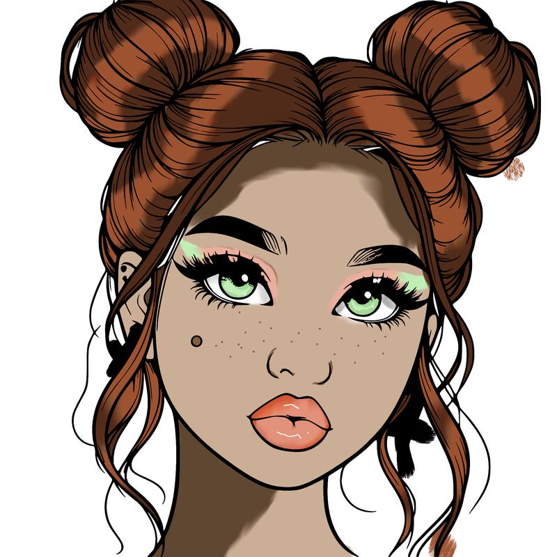realistic girl with two buns on her hair and lips