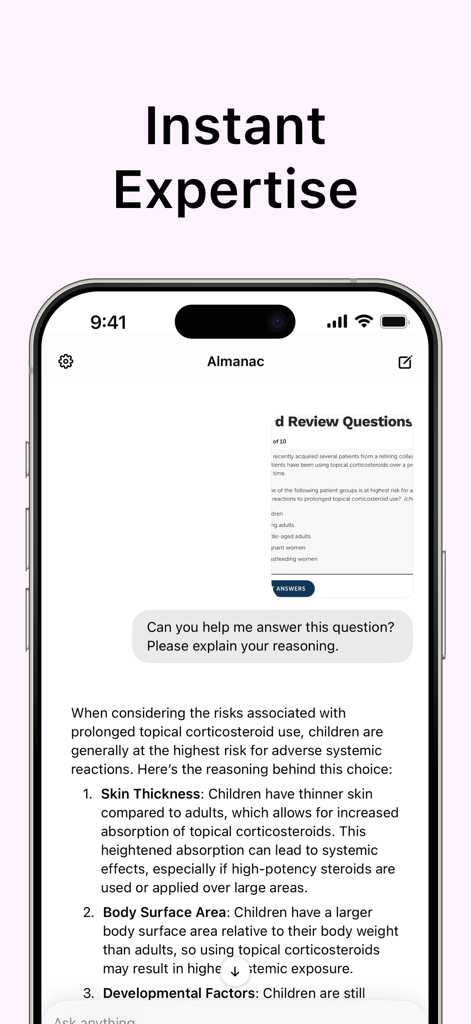 Almanac Health - Almanac Health mobile app interface showing an AI-generated clinical response about corticosteroid use in children