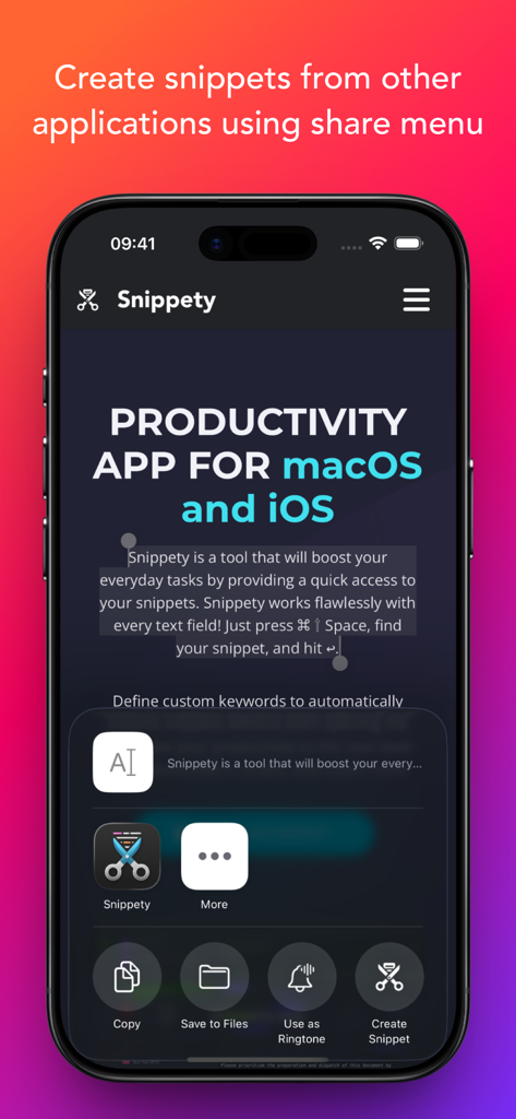 Snippety - Snippets Manager - Interface mostrando a integração do aplicativo Snippety no menu de compartilhamento do iOS para criar snippets de outros aplicativos.