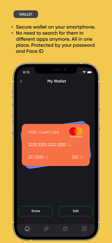 Valyuta Mobile App-Oberfläche mit einer sicheren digitalen Geldbörse zum Speichern und Verwalten von Kreditkarten mit Face ID-Schutz