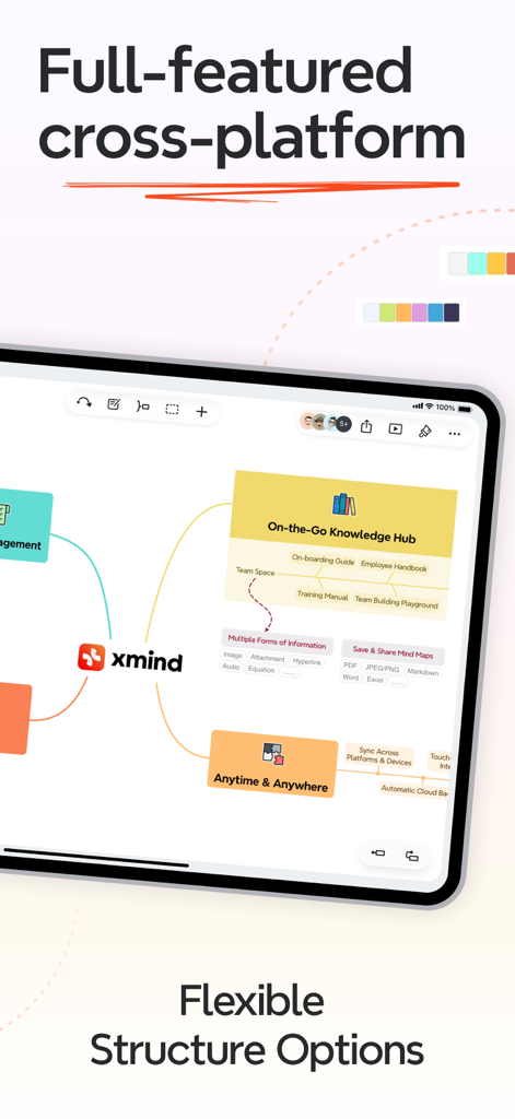 Aplicación Xmind en un iPad mostrando un mapa mental complejo con opciones de estructura flexibles y funciones colaborativas.