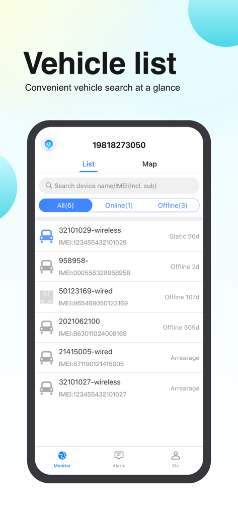 IOPGPS - IOPGPS-App-Oberfläche mit einer durchsuchbaren Liste verfolgter Fahrzeuge mit Echtzeit-Statusaktualisierungen