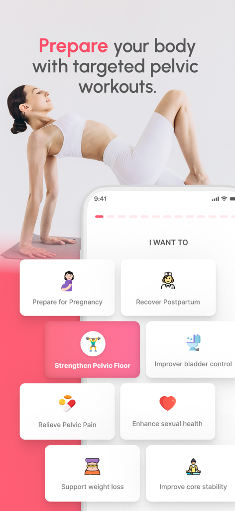 Pelvic Floor & Core Coach - Pelvic Floor and Core Coach app screen showing health goals like pregnancy preparation and postpartum recovery