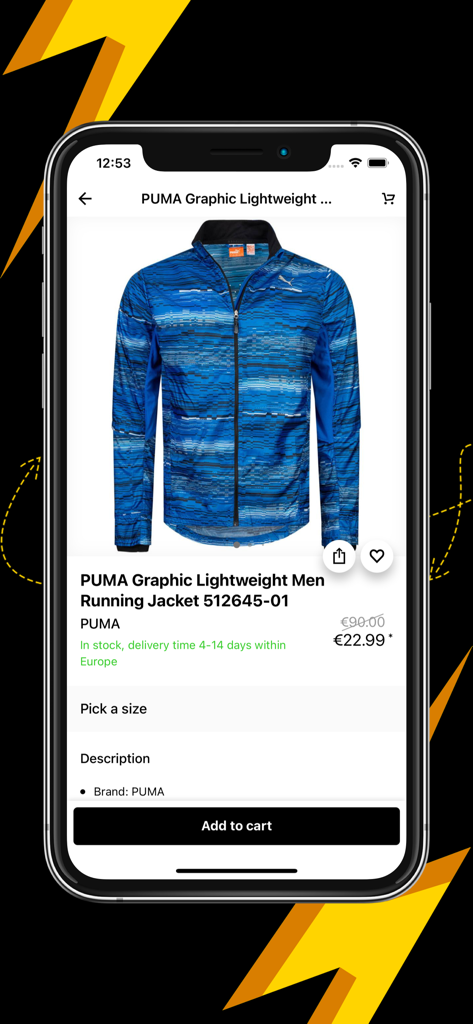 SportSpar International - Página de produto de jaqueta de corrida PUMA com desconto no aplicativo SportSpar International