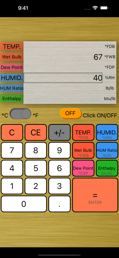 Calculator of Air - A professional psychrometric air calculation interface with a numeric keypad