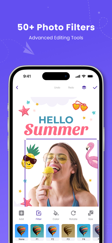 Poster Maker - Flyer Creator! - Interface do aplicativo móvel Postfly mostrando mais de 50 filtros de fotos e ferramentas de edição de pôsteres com tema de verão
