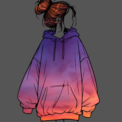 realistic girl with a oversized sweatshirt on and a bun