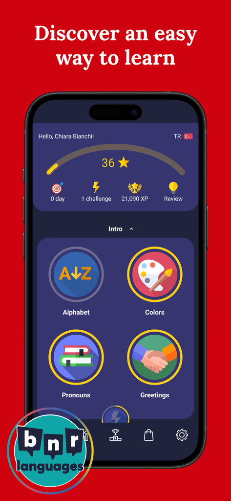 Interface of the Learn Turkish app for beginners showing lesson categories like alphabet colors and pronouns