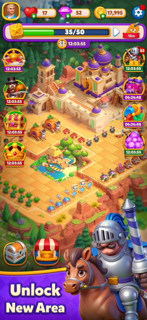 Merge Tile: Match & Merge - Gameplay screenshot of Merge Tile showing a mystical desert palace and a knight on a horse