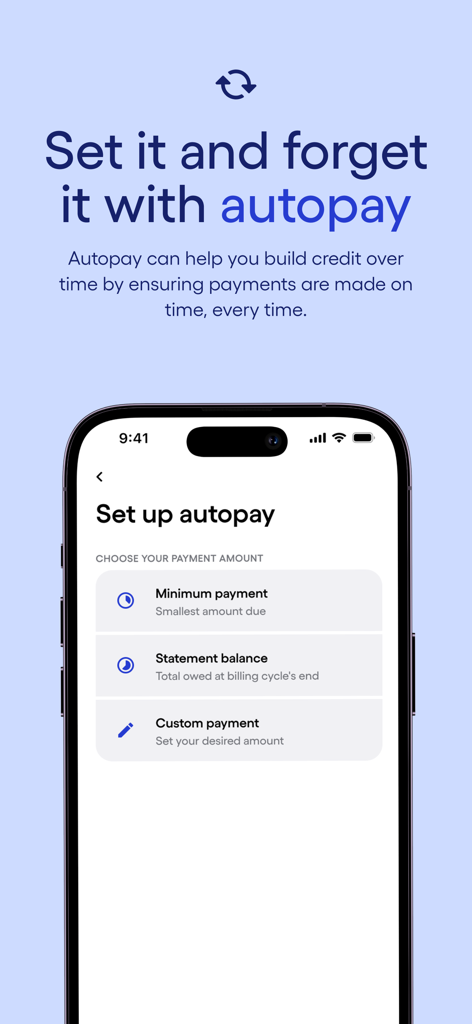 Seen Mobile app screen for setting up autopay with options for minimum and custom payments