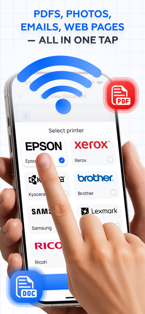 Print from Phone - Printly - Mobile app screen showing a selection of printer brands like Epson and Xerox for wireless printing from an iPhone