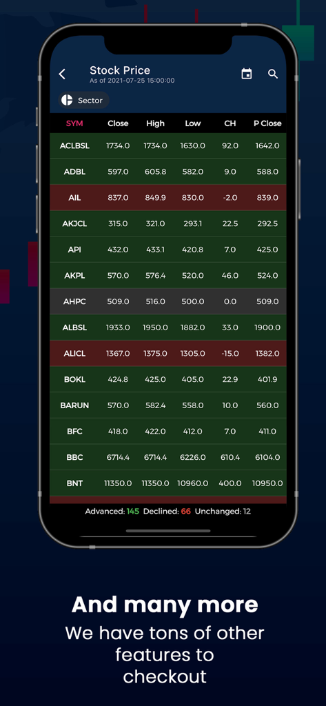Nepal Share app screen showing live stock market prices and daily performance data