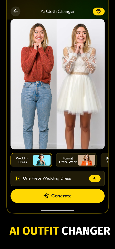 AI Video Face Swap : Deep Swap - Interface do trocador de roupas de IA mostrando uma mulher em um suéter casual transformada em um vestido de noiva branco