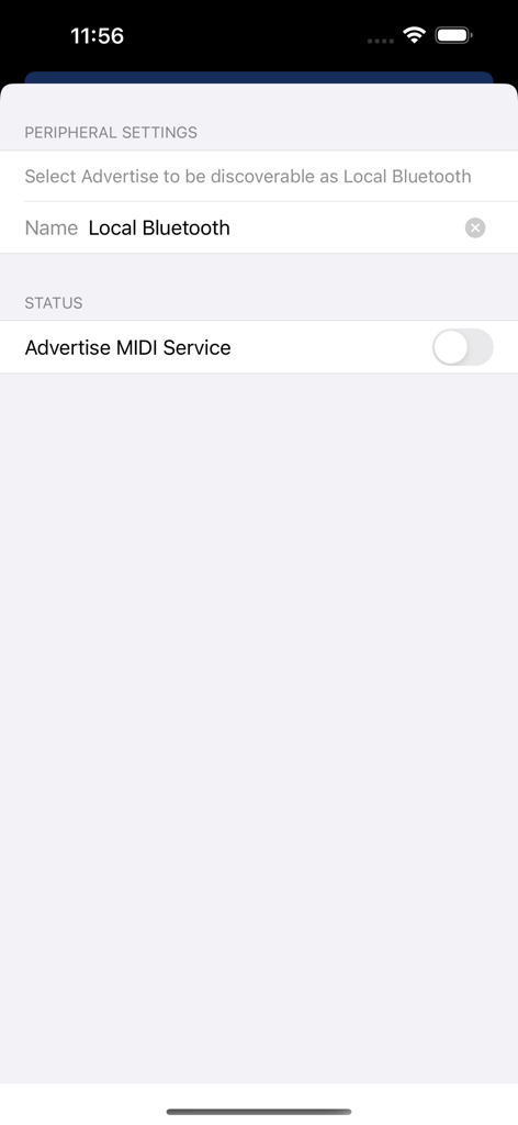 Pantalla de configuración de periféricos MIDI Bluetooth con el interruptor de servicio de publicidad