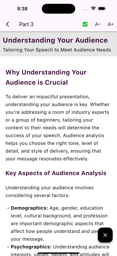 A screen from the Speak and Present Confidently app showing a lesson on audience analysis and tailoring speeches.