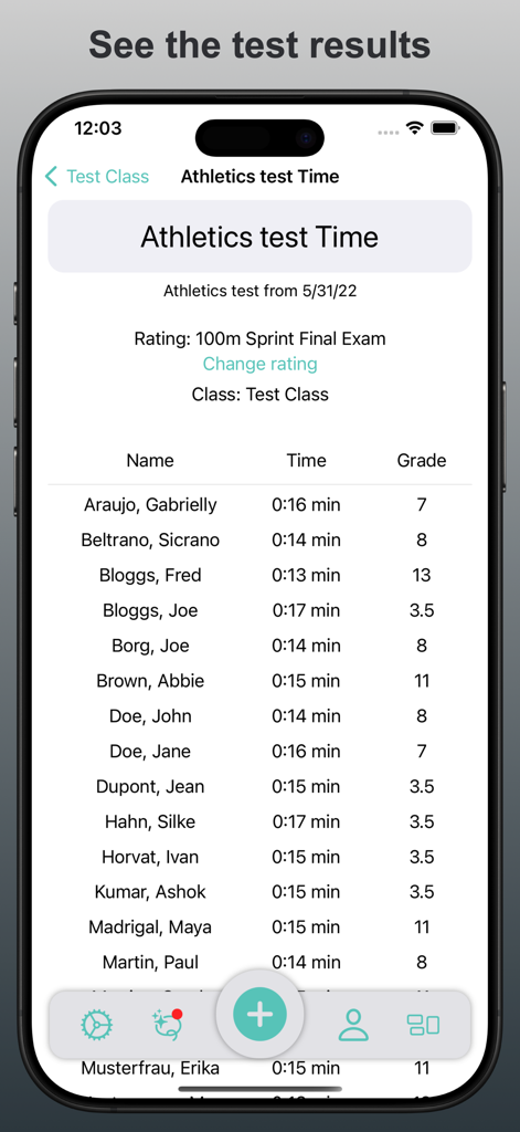 Hoja de cálculo digital que muestra nombres de estudiantes, tiempos y calificaciones para un examen final de sprint en la aplicación Sports Rating Tracker.