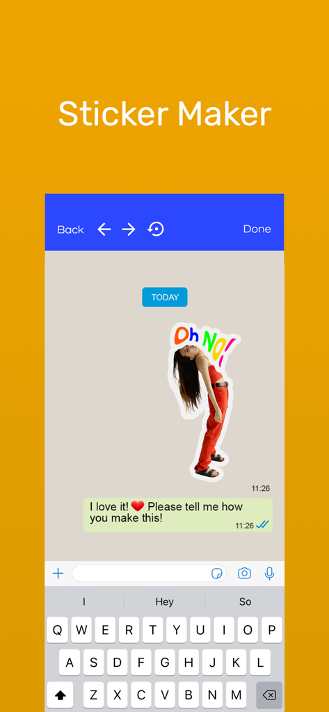 Pixart AI Photo Editor - Interface of the Pixart AI sticker maker tool showing a custom photo sticker in a messaging app