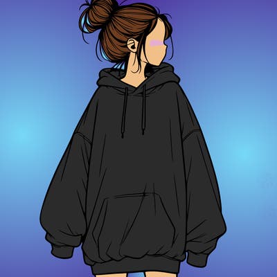 realistic girl with a oversized sweatshirt on and a bun