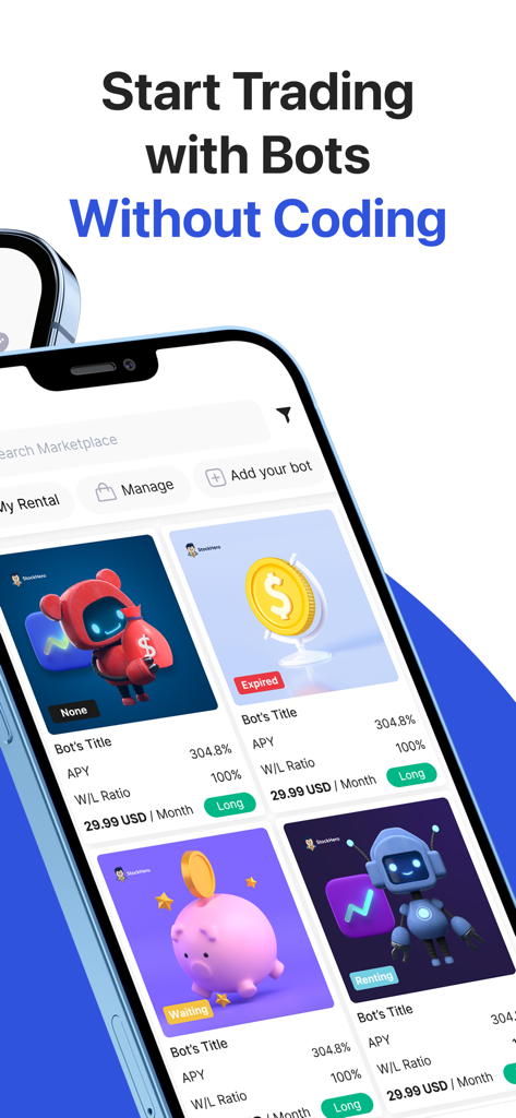 StockHero: Smart Trading Bot - StockHero app interface showing trading bots marketplace and the text Start Trading with Bots Without Coding