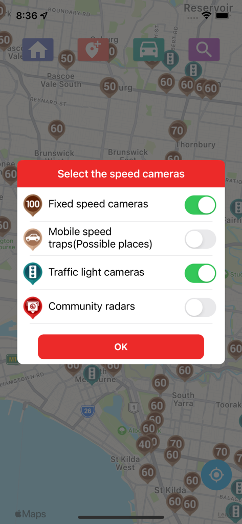 A menu in the Speed Cameras Radar app allowing users to select alerts for fixed speed cameras and traffic light cameras over a map.