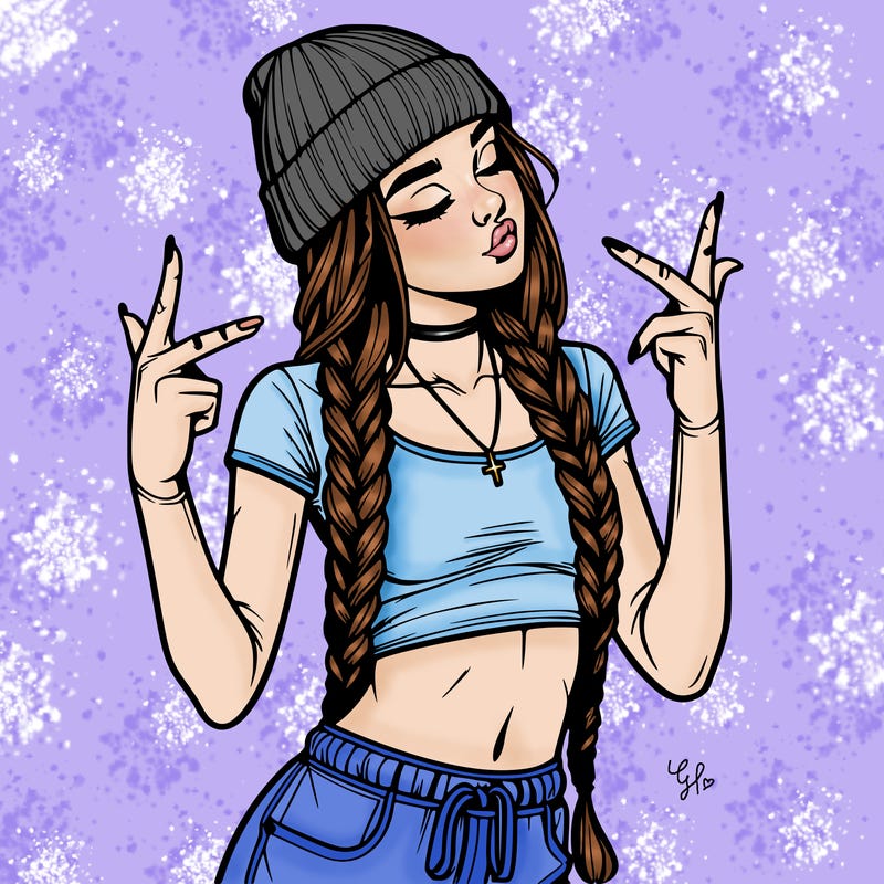 realistic teenage girl with braids and a beanie and crop top doing 🫶🏼