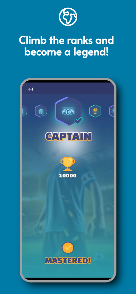 Football Masters – Trivia Game - A mobile app screen showing a player achieving the Captain rank with ten thousand trophies in the Football Masters trivia game.