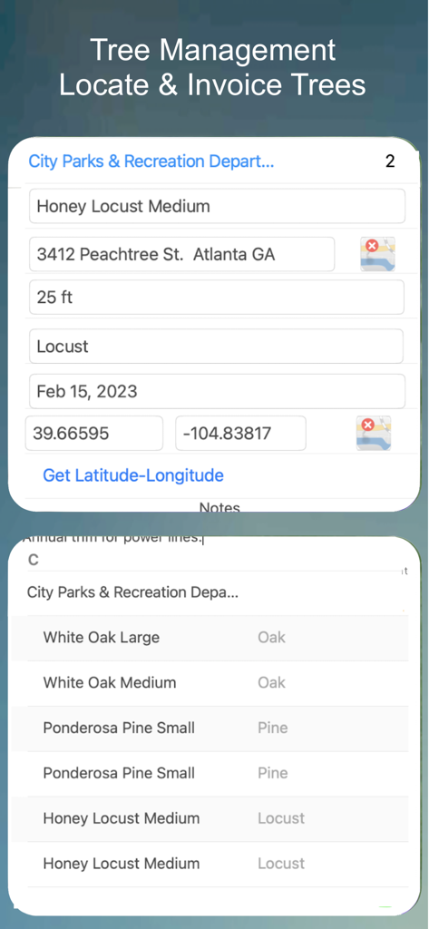 Landscaper & Tree Pro Business - Mobile app interface showing tree management features including GPS location tracking, species identification, and client invoicing for professional arborists.