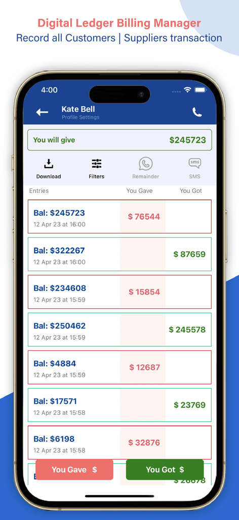 Ledger Book Expense Manager - Uma interface de ledger digital mostrando um histórico detalhado de transações com colunas de Entrada e Saída para um contato específico.