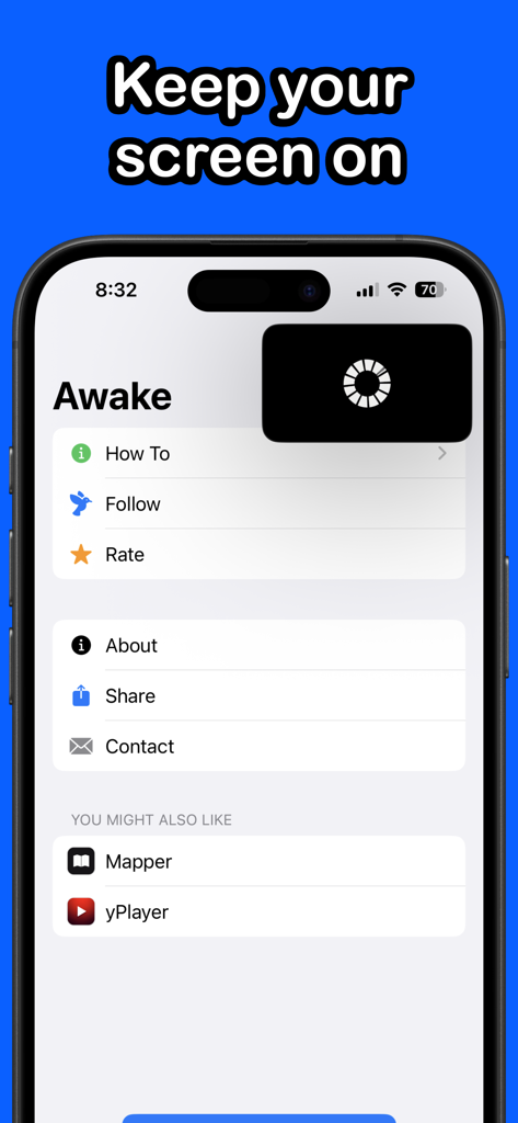 Awake: Keep Your Screen On - Interfaz de la aplicación Awake en un iPhone que muestra la superposición de Imagen en Imagen utilizada para mantener la pantalla encendida y evitar el bloqueo automático