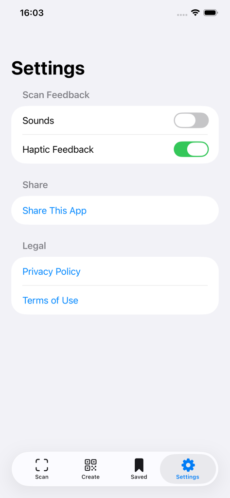 스캔 피드백 및 법률 옵션이 있는 QR 및 바코드 리더 앱의 설정 화면