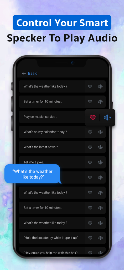 Voice Command for alexa - Interfaz de la aplicación que muestra una lista de comandos de voz para altavoces inteligentes Alexa, como actualizaciones del clima y temporizadores